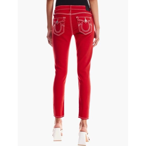 New TRUE RELIGION Size 16 (30) Red Super Stretch Skinny Embroidered Pockets Y2K - Picture 1 of 11